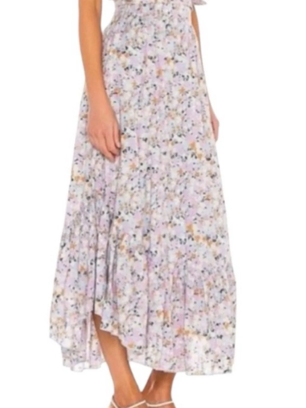 ✌🏼 Free People Boho Lavender Floral Ruffle Maxi Skirt Large Elastic Wasit 10 12